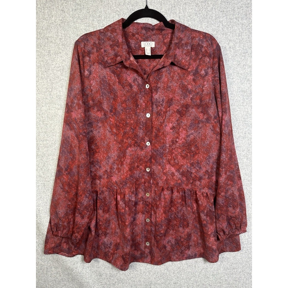 LOGO by Lori Goldstein Womens Medium Tunic Peplum Blouse Button Front Red